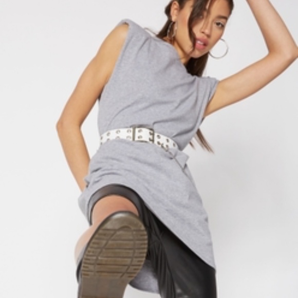 Heather Gray Shoulder Pad Mini T-Shirt Dress NWOT - Picture 2 of 11